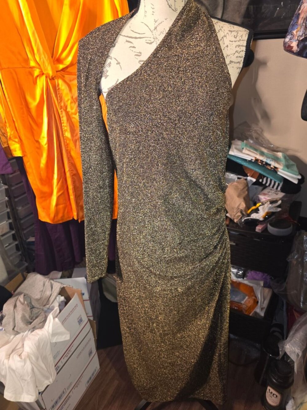 Terea By Andrea Pitter Gold Metallic One-Shoulder Dress XL
